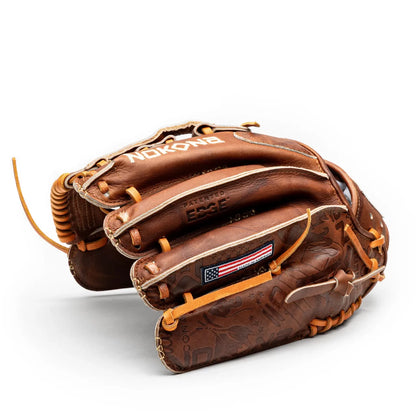 Handcrafted Nokona Walnut EP 11.75″ Baseball Glove in brown leather with tan lacing and a United States flag patch on the palm.
