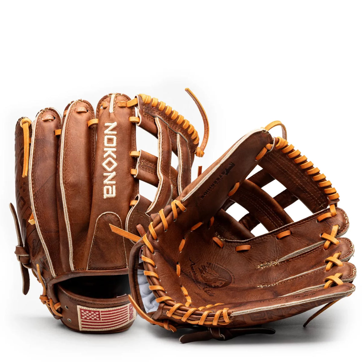 Two brown leather Nokona Walnut EP 11.75″ Baseball Gloves with tan lacing, one showing the back with a flag patch and one showing the palm.