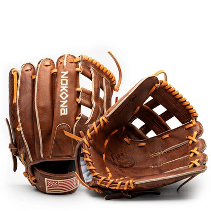 Two brown leather Nokona Walnut EP 11.75″ Baseball Gloves with tan lacing, one showing the back with a flag patch and one showing the palm.
