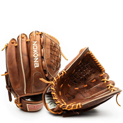 Two handcrafted Nokona Walnut EP 12″ Baseball Glove: W-EP1200 leather baseball gloves with light-colored laces; one shows the back with a logo and a small American flag patch on the wrist.