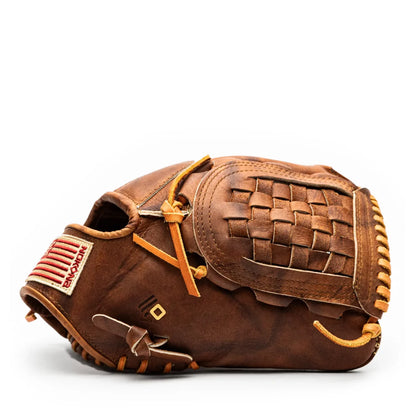 Nokona Walnut EP 12″ Baseball Glove: W-EP1200 handcrafted in Walnut Crunch leather, featuring a woven web and an American flag patch on the thumb.