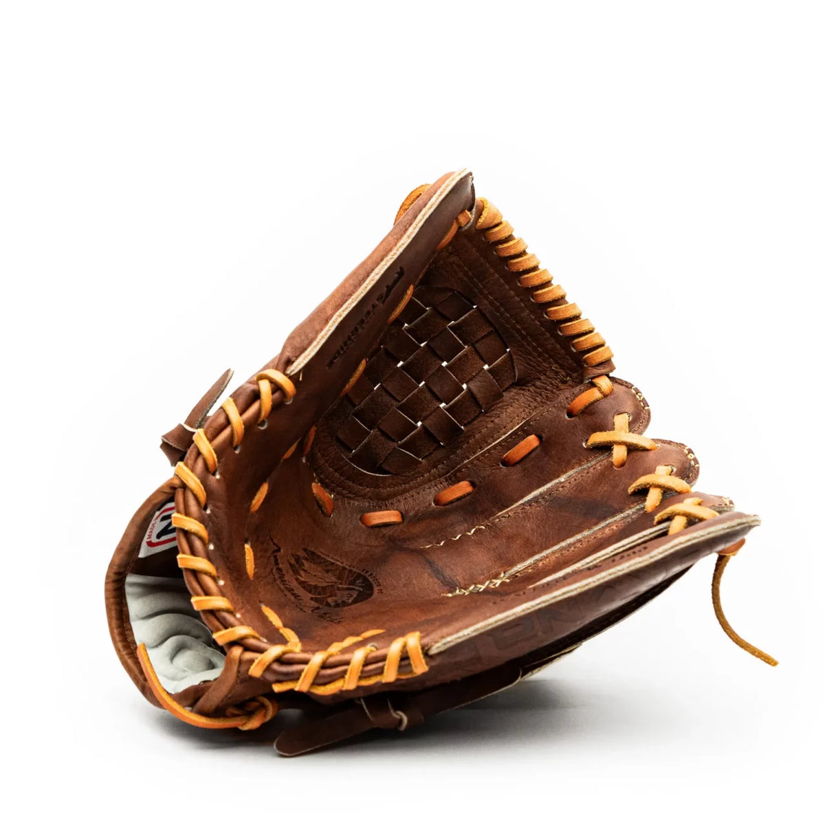 A high-angle view of a handcrafted Nokona Walnut EP 12″ Baseball Glove: W-EP1200 in Walnut Crunch leather with tan lacing.