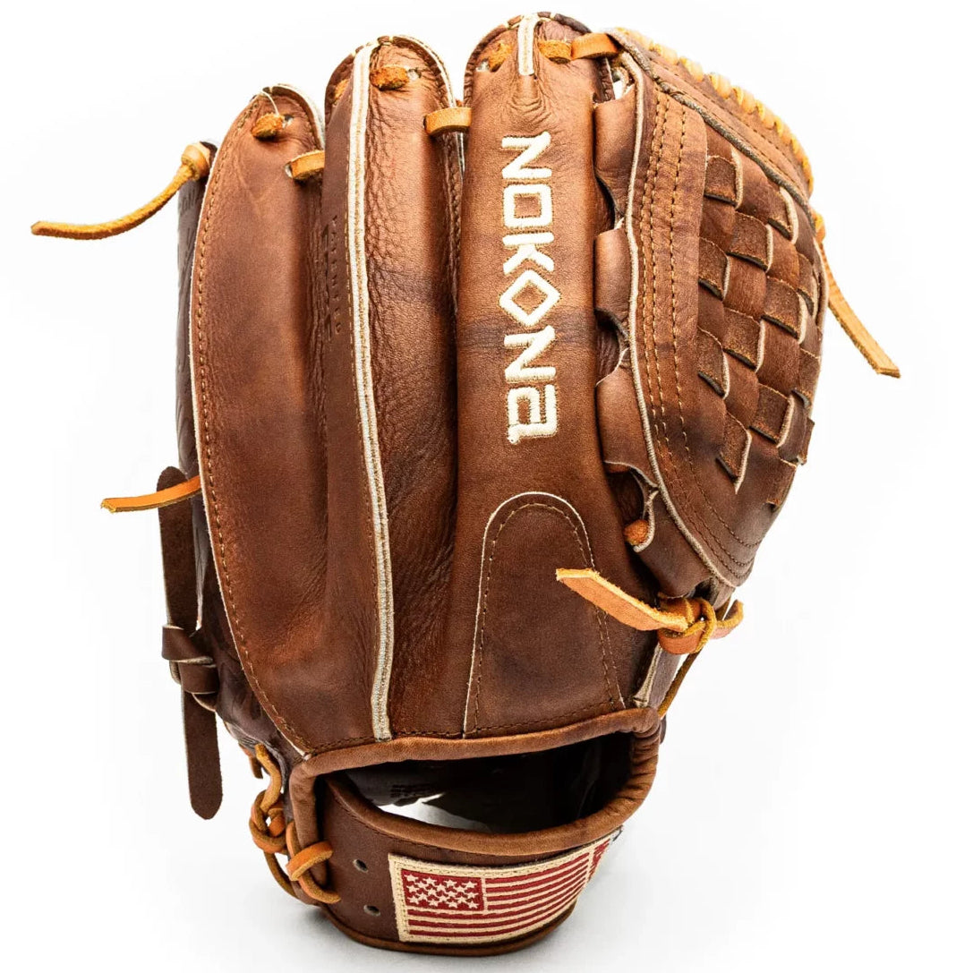 Nokona Walnut EP 12″ Baseball Glove: W-EP1200 handcrafted in Walnut Crunch leather, featuring a woven web, the brand name embroidered on the back, and a small American flag patch on the wrist strap.
