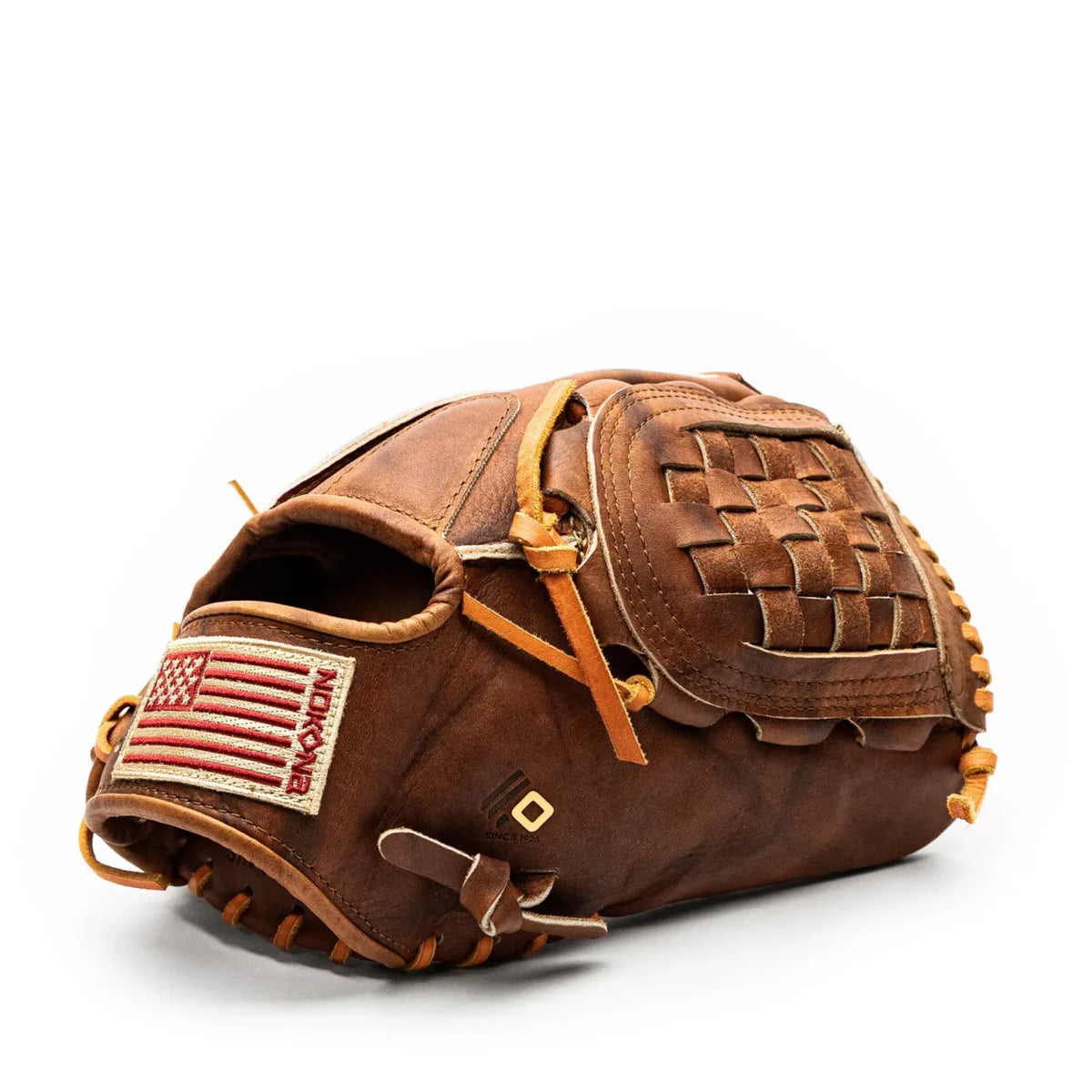 Nokona Walnut EP 12″ Baseball Glove: W-EP1200 in Walnut Crunch leather, featuring a woven web and an American flag patch.