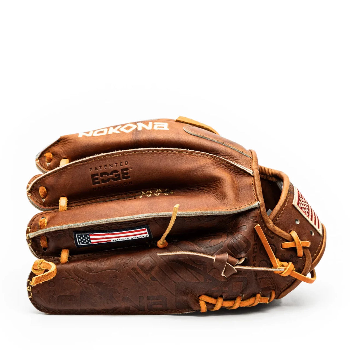 Nokona Walnut EP 12″ Baseball Glove: W-EP1200 handcrafted from walnut crunch leather, featuring a stamped American flag emblem and a small flag tag on the side.