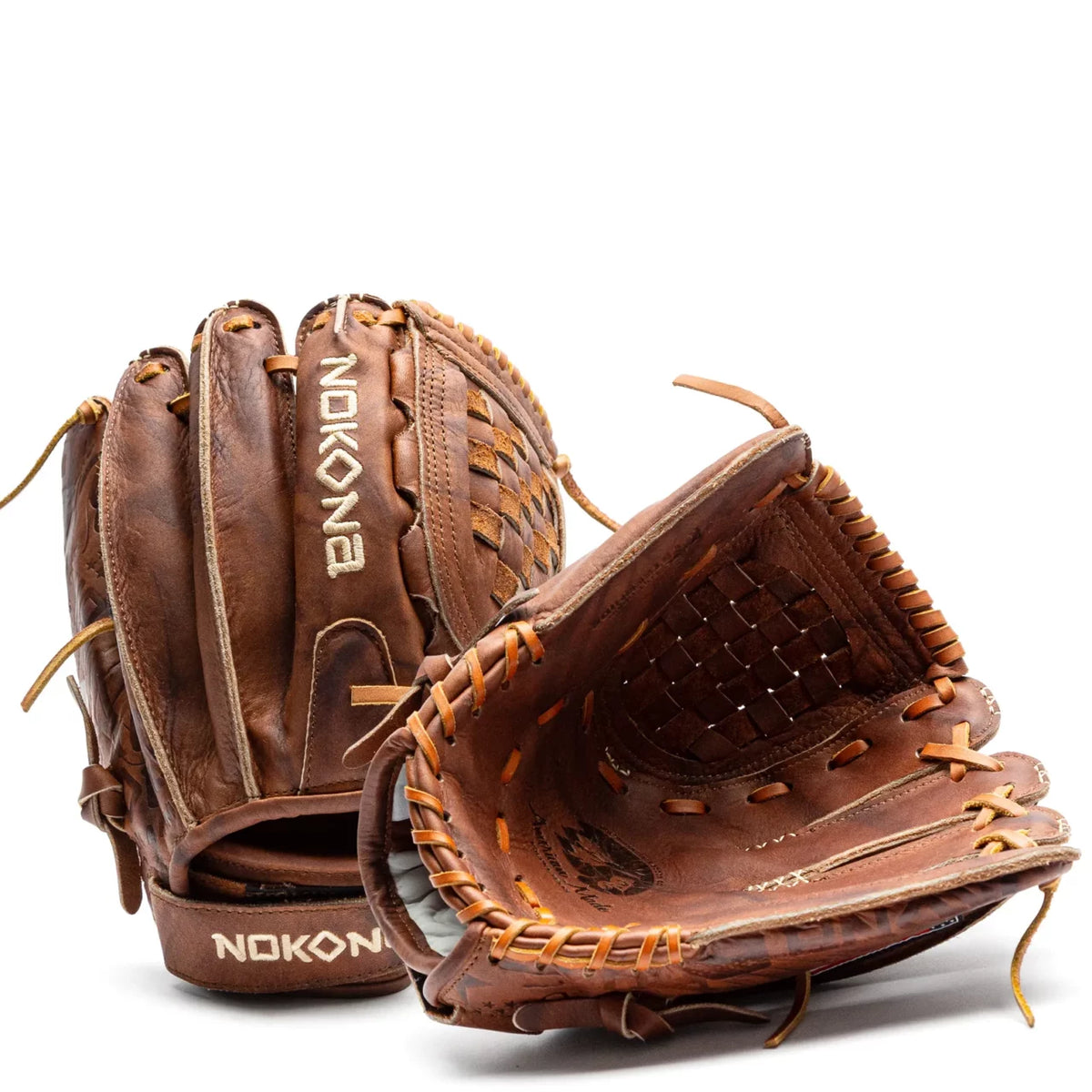 Two handcrafted Walnut Crunch Nokona Walnut EP 12″ Fastpitch Glove: W-EP-V1200s displayed with one upright showing the back and the other lying on its side showing the palm.