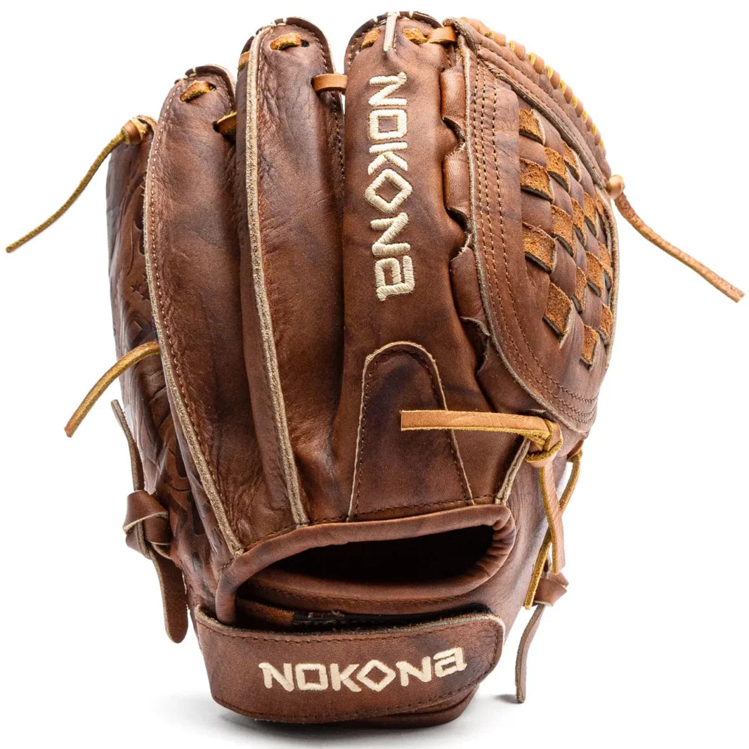 Handcrafted Nokona Walnut EP 12″ Fastpitch Glove: W-EP-V1200 in brown leather, featuring a woven web and an adjustable wrist strap.