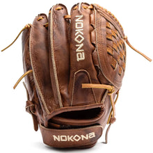 Handcrafted Nokona Walnut EP 12″ Fastpitch Glove: W-EP-V1200 in brown leather, featuring a woven web and an adjustable wrist strap.