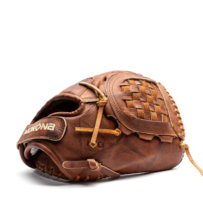 Nokona Walnut EP 12″ Fastpitch Glove: W-EP-V1200 handcrafted from brown leather with a woven web and laced pocket.