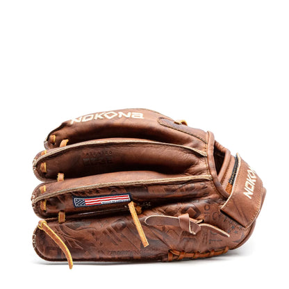 A brown leather Nokona Walnut EP 12″ Fastpitch Glove: W-EP-V1200 outfield glove with a small American flag patch and debossed patterns on the palm.