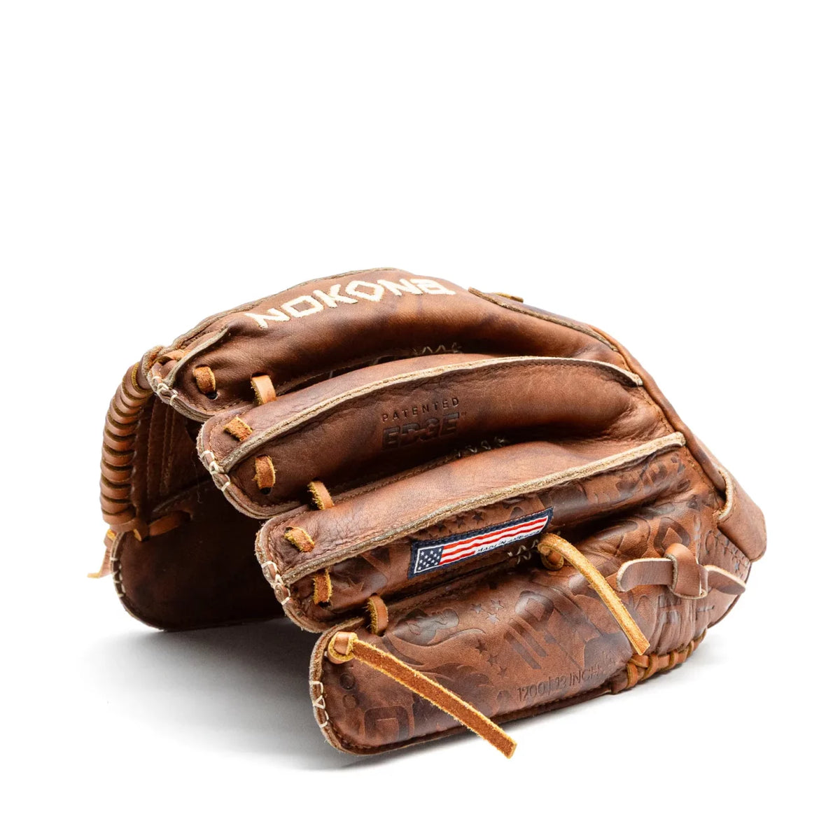 Nokona Walnut EP 12″ Fastpitch Glove: W-EP-V1200 handcrafted in brown leather with lace detailing and an American flag patch, styled as a Walnut outfield glove.