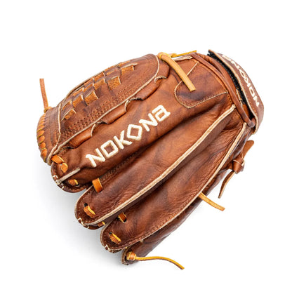 A handcrafted Walnut Crunch Nokona Walnut EP 12″ Fastpitch Glove: W-EP-V1200 with a woven web and the word NOKONA embroidered in white on the back.