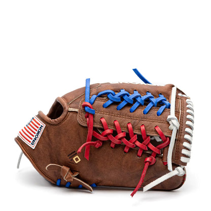 Nokona Walnut EP 12″ Baseball Glove: W-EP1200POP in Walnut Crunch leather featuring blue, red, and white lacing and a United States flag patch on the wrist.