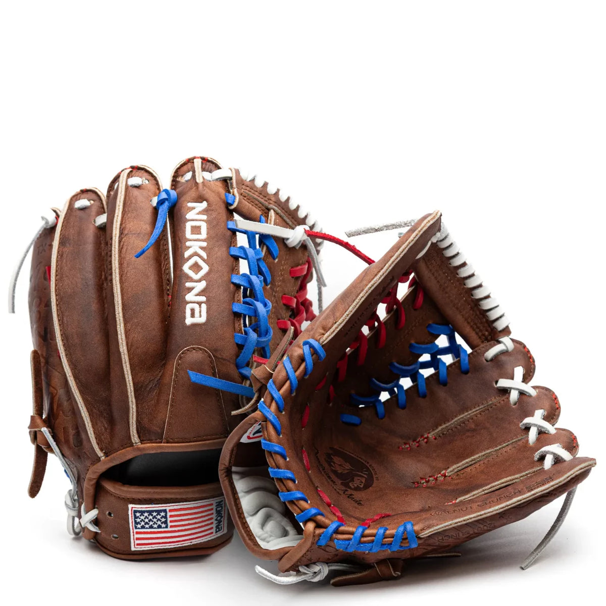 Two Nokona Walnut EP 12″ Baseball Glove: W-EP1200POP leather baseball gloves with red, white, and blue lacing, one shown from the back with an American flag patch and one shown from the palm side.