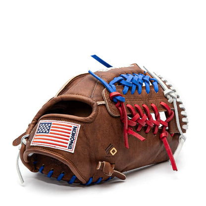 A brown Walnut Crunch Nokona Walnut EP 12″ Baseball Glove: W-EP1200POP with red, white, and blue lacing and an American flag patch on the wrist strap.