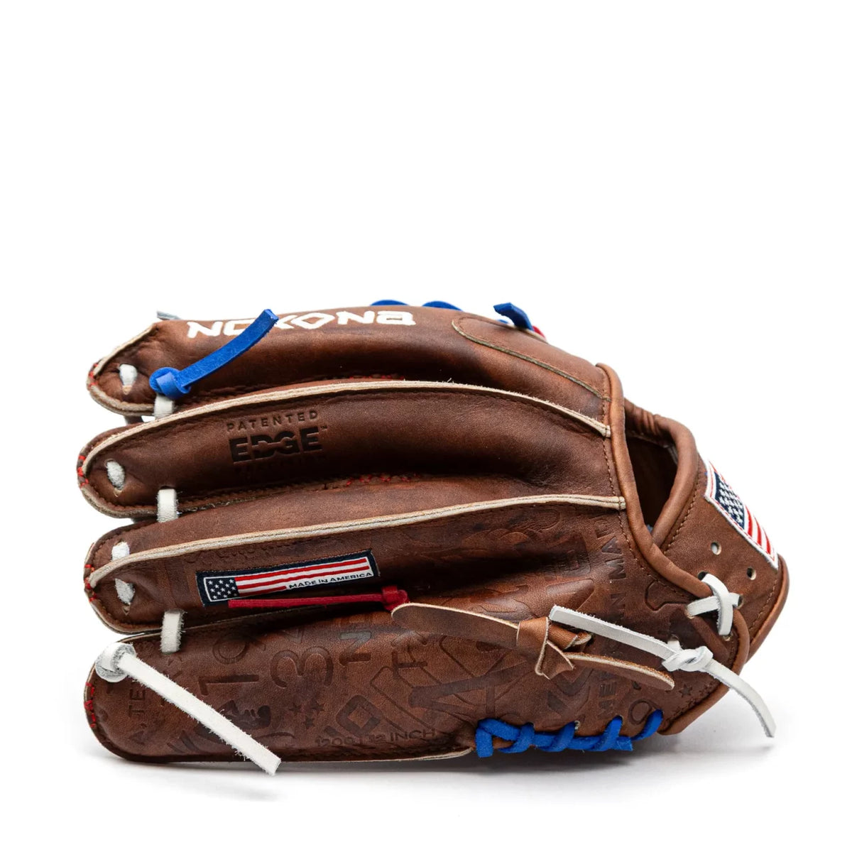 Nokona Walnut EP 12″ Baseball Glove: W-EP1200POP in Walnut Crunch leather, featuring blue laces, white lacing accents, and an American flag patch.