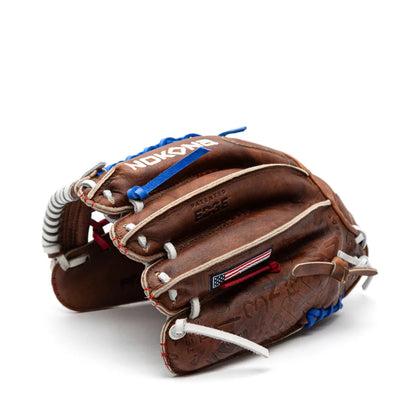 Nokona Walnut EP 12″ Baseball Glove: W-EP1200POP in brown with blue and white lacing, featuring an American flag patch and white branding on the top.