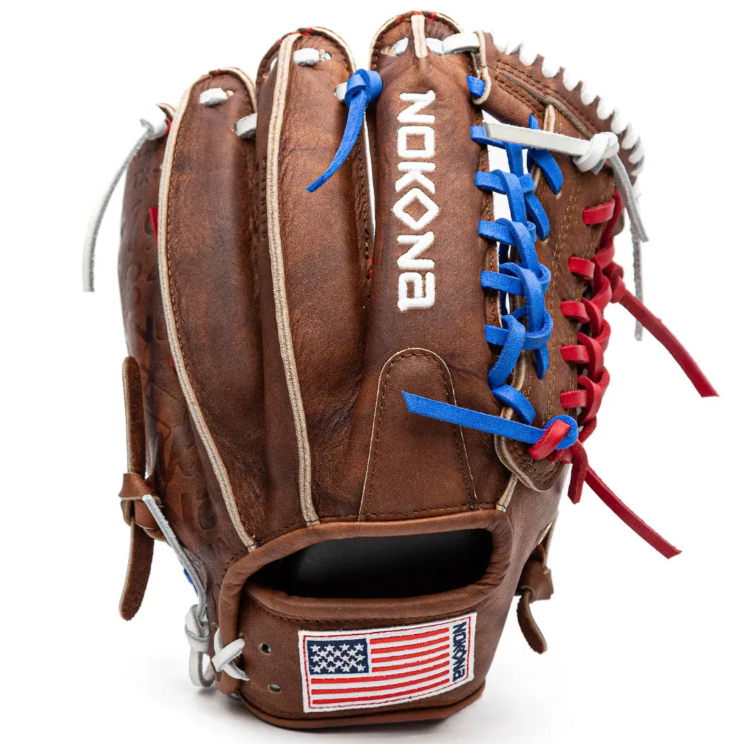 Nokona Walnut EP 12″ Baseball Glove: W-EP1200POP in Brown Walnut Crunch leather featuring blue and red laces, white embroidery, and an American flag patch on the wrist strap.