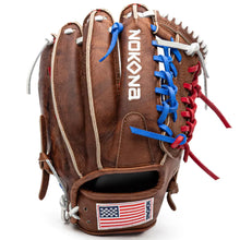 Nokona Walnut EP 12″ Baseball Glove: W-EP1200POP in Brown Walnut Crunch leather featuring blue and red laces, white embroidery, and an American flag patch on the wrist strap.
