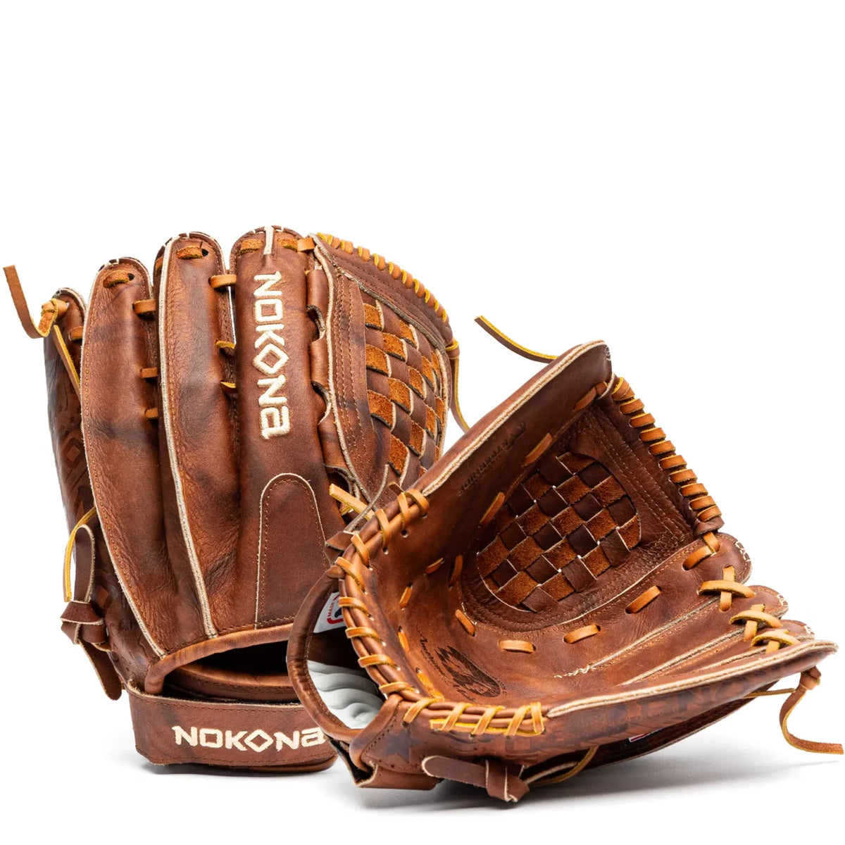 Two handcrafted Walnut Crunch Nokona Walnut EP 12.5″ Fastpitch Glove W-EP-V1250 baseball gloves, one showing the back with a webbed design and the other showing the open palm with a woven basket-weave pocket.