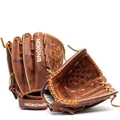 Two handcrafted Walnut Crunch Nokona Walnut EP 12.5″ Fastpitch Glove W-EP-V1250 baseball gloves, one showing the back with a webbed design and the other showing the open palm with a woven basket-weave pocket.