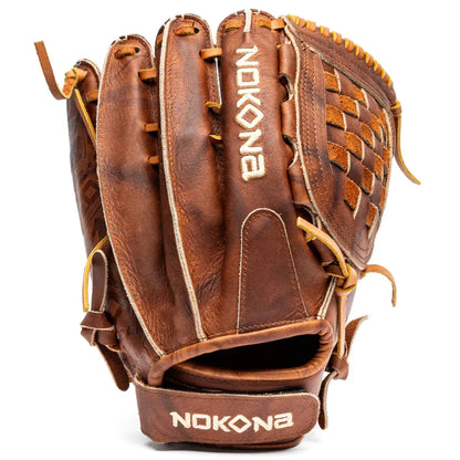 A brown leather Nokona Walnut EP 12.5″ Fastpitch Glove: W-EP-V1250 featuring a woven web and an adjustable wrist strap.