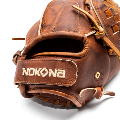 Nokona Walnut EP 12.5″ Fastpitch Glove: W-EP-V1250, a handcrafted Walnut Crunch leather glove featuring a wrist strap with embroidered text and a woven web.