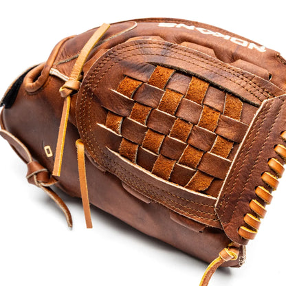 Nokona Walnut EP 12.5″ Fastpitch Glove: W-EP-V1250, a handcrafted brown leather baseball glove with a woven web and Walnut Crunch leather finish.