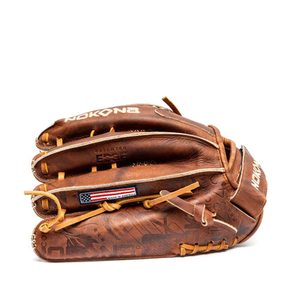 Handcrafted Walnut Crunch Nokona Walnut EP 12.5″ Fastpitch Glove: W-EP-V1250 with a tan lace closure and an American flag patch.