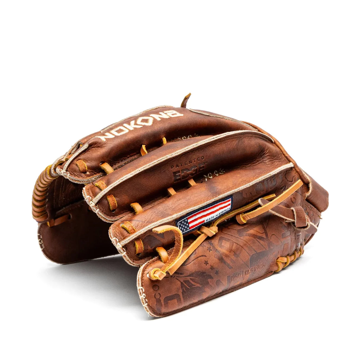 Nokona Walnut EP 12.5″ Fastpitch Glove: W-EP-V1250 handcrafted from Walnut Crunch leather, featuring a branded embossed pattern and an American flag patch.
