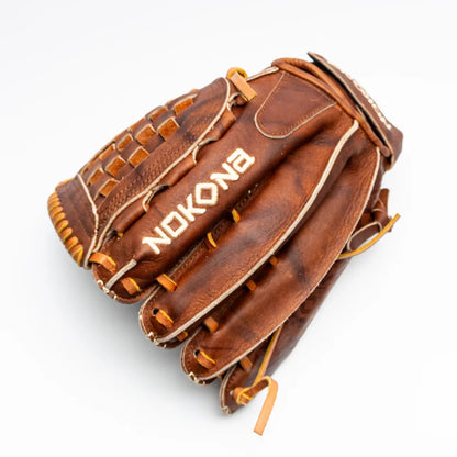 Nokona Walnut EP 12.5″ Fastpitch Glove: W-EP-V1250, a handcrafted Walnut Crunch leather fastpitch glove featuring a basket weave web and white embroidered lettering.