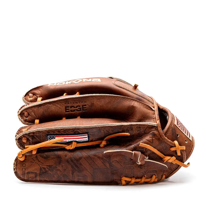 Nokona Walnut EP 12.75″ Baseball Glove: W-EP1275 crafted from brown Walnut Crunch leather, featuring orange lacing and an American flag patch.