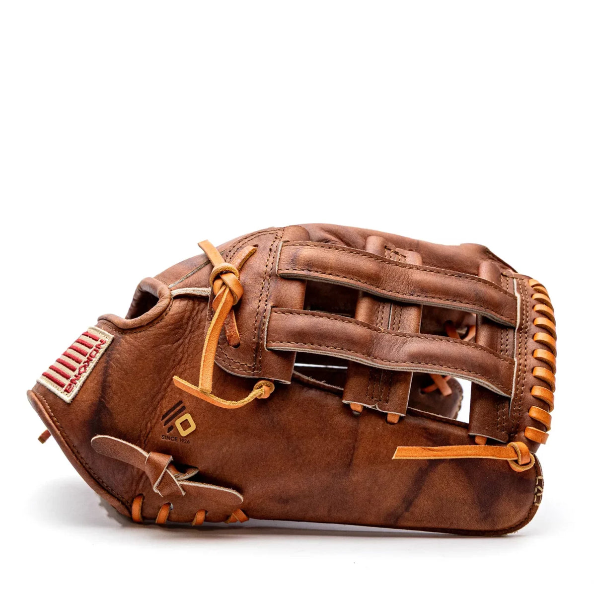Nokona Walnut EP 12.75″ Baseball Glove: W-EP1275 crafted from Walnut Crunch leather, featuring a webbed pocket and an American flag patch on the wrist strap.