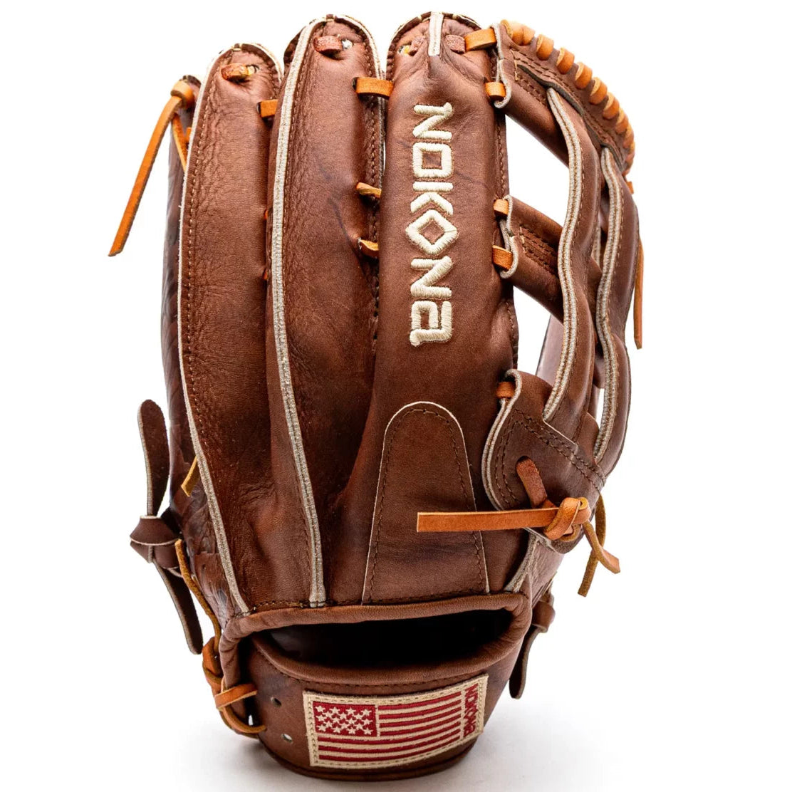 A handcrafted Nokona Walnut EP 12.75″ Baseball Glove: W-EP1275 in Walnut Crunch leather with tan lacing and an American flag patch on the wrist strap.