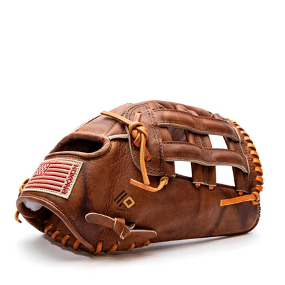 Nokona Walnut EP 12.75″ Baseball Glove: W-EP1275 handcrafted from Walnut Crunch leather, featuring a woven web and an American flag patch on the wrist strap.