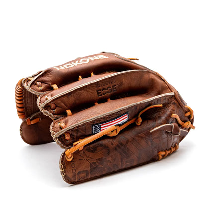 Handcrafted Nokona Walnut EP 12.75″ Baseball Glove in brown Walnut Crunch leather with tan lacing and an American flag patch.