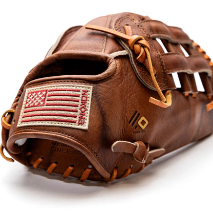 Nokona Walnut EP 12.75″ Baseball Glove: W-EP1275 in Walnut Crunch leather with a stitched American flag patch on the back of the wrist.