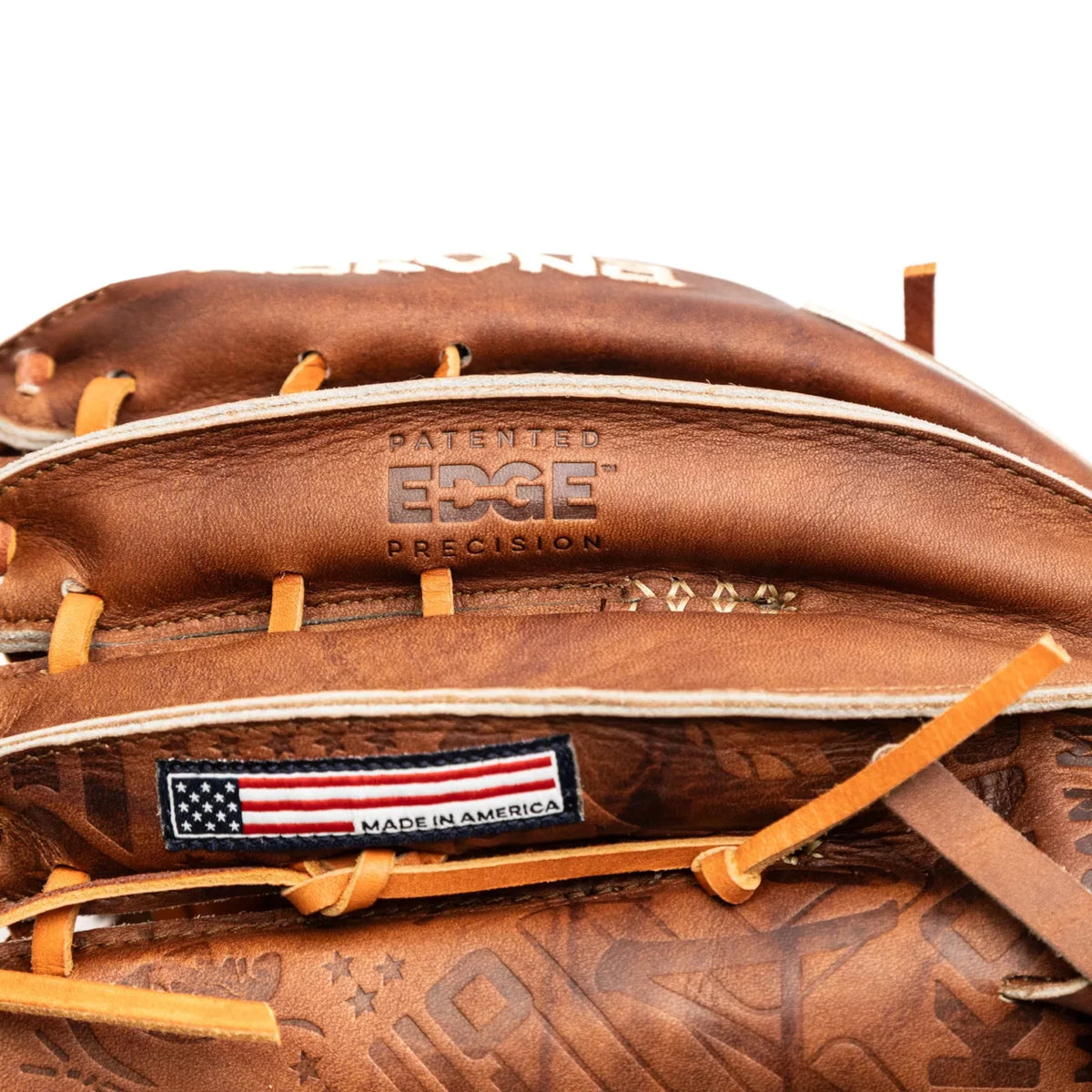 Close-up of a Nokona Walnut EP 13″ Baseball Glove: W-EP1300C, featuring a Patented Edge Precision stamp and a Made in America tag with an American flag.