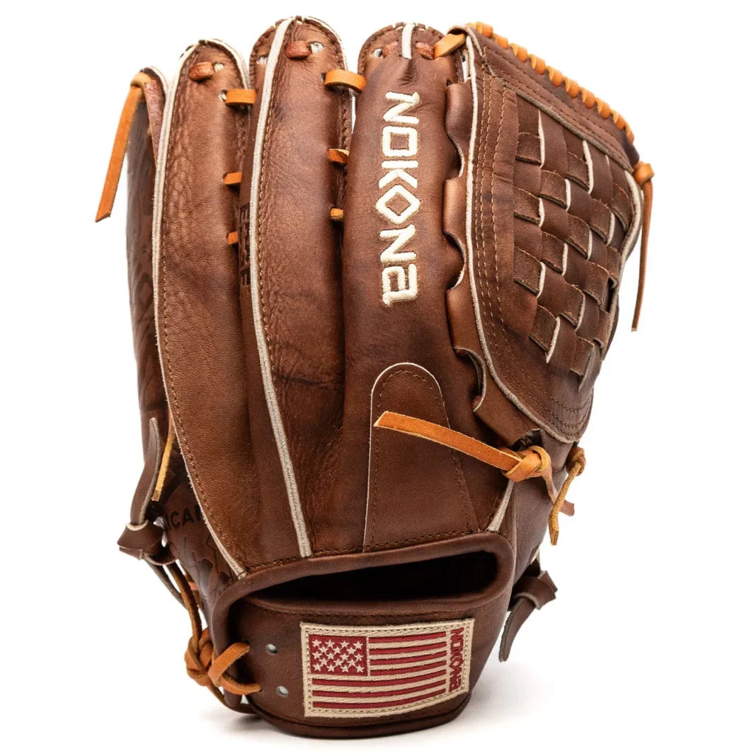 Nokona Walnut EP 13″ Baseball Glove: W-EP1300C in Walnut Crunch leather, featuring a woven web and an American flag patch on the wrist strap.