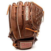 Nokona Walnut EP 13″ Baseball Glove: W-EP1300C in Walnut Crunch leather, featuring a woven web and an American flag patch on the wrist strap.