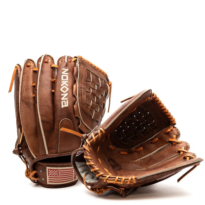 Two brown Nokona Walnut EP 13″ Baseball Glove: W-EP1300C gloves with tan laces, one upright showing the brand name and an American flag patch, and one Walnut Crunch leather glove lying on its side.