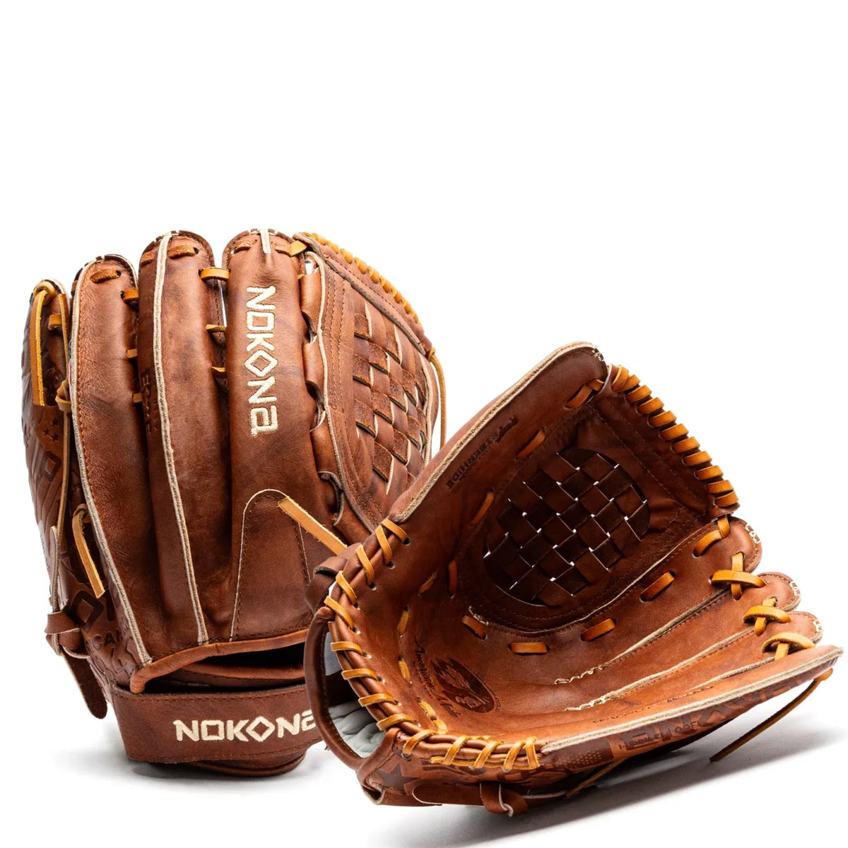 Two 13″ Nokona Walnut EP 13″ Fastpitch Glove: W-EP-V1300 baseball gloves shown from the back and palm side, featuring Walnut Crunch leather, woven web designs, and lace detailing.