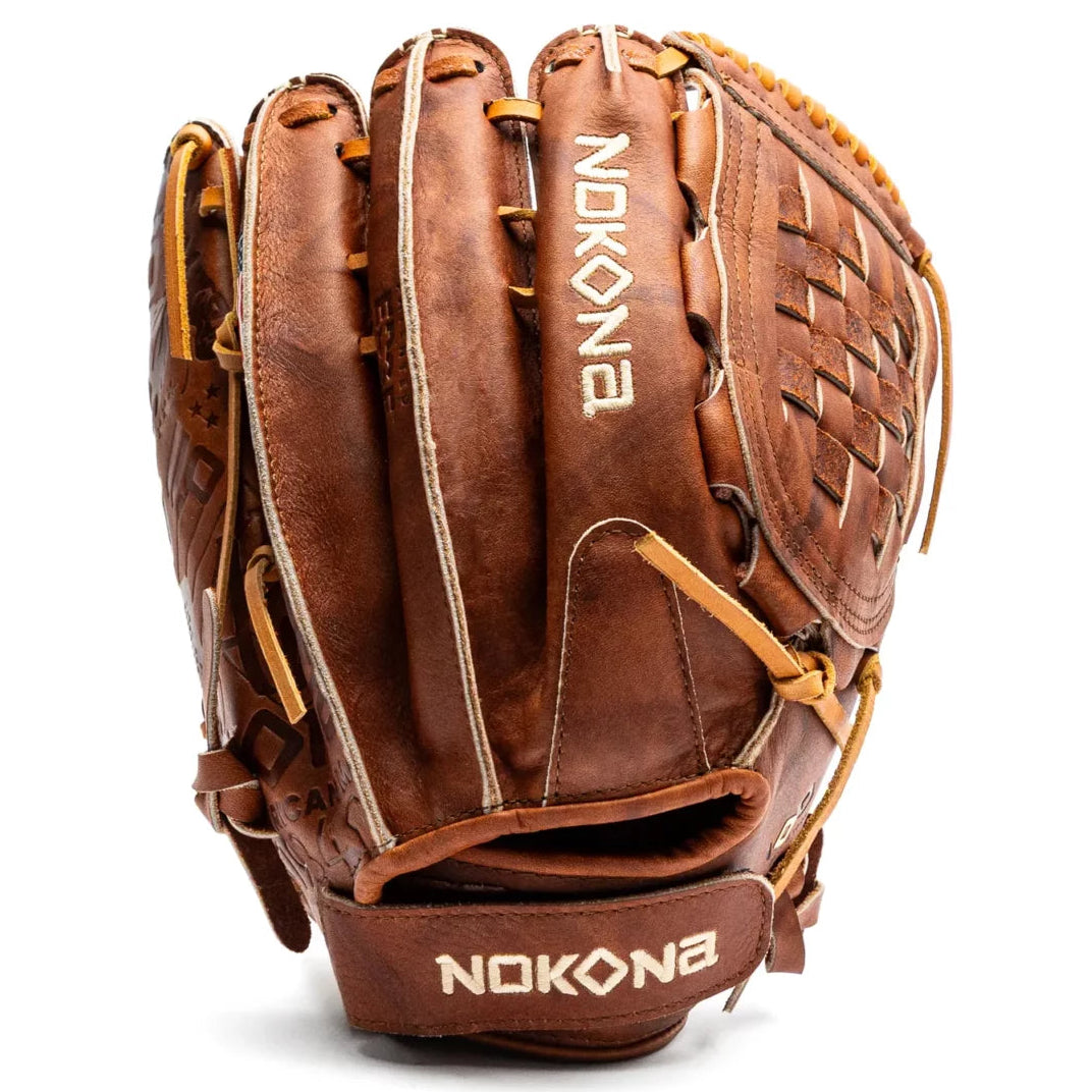 A 13″ brown Nokona Walnut EP 13″ Fastpitch Glove: W-EP-V1300 made of Walnut Crunch leather with a laced web and wrist strap.