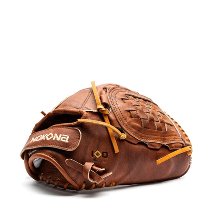 Nokona Walnut EP 13″ Fastpitch Glove: W-EP-V1300 made of Walnut Crunch leather with a woven web and tan laces.