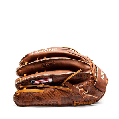 Brown 13-inch Nokona Walnut EP 13″ Fastpitch Glove: W-EP-V1300 made of Walnut Crunch leather with embossed logos and an American flag patch on the thumb.