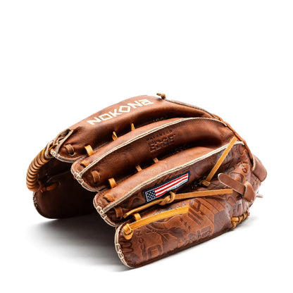 Nokona Walnut EP 13″ Fastpitch Glove: W-EP-V1300 in brown walnut crunch leather with a U.S. flag patch and embossed branding.