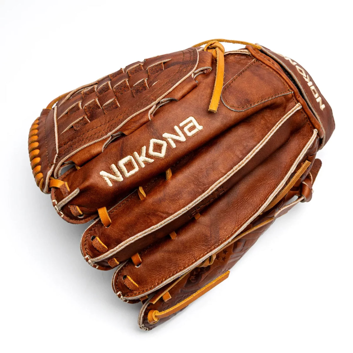 Nokona Walnut EP 13″ Fastpitch Glove: W-EP-V1300 in brown Walnut Crunch leather with a woven web and a branded logo embroidered on the back.