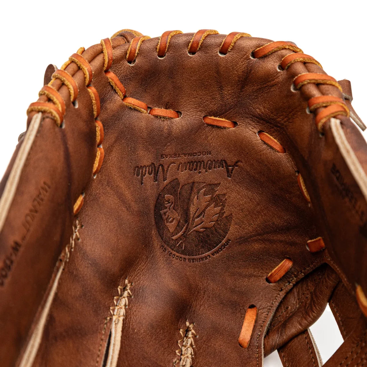Close-up of the palm of a Nokona Walnut EP 13″ Baseball Glove: W-EP1300H, showing embossed branding and leather lacing on the 13″ H Web.
