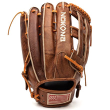 Brown Nokona Walnut EP 13″ Baseball Glove: W-EP1300H in leather with tan lacing and an American flag patch on the wrist strap.