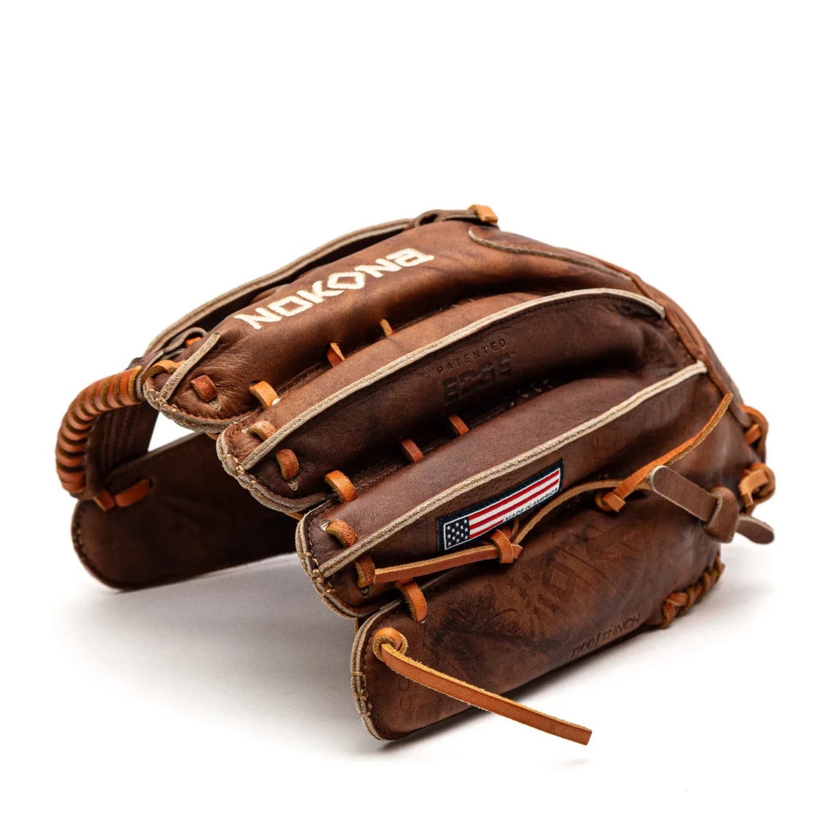 Brown Nokona Walnut EP 13″ Baseball Glove: W-EP1300H outfield glove featuring a laced web and a small American flag patch.